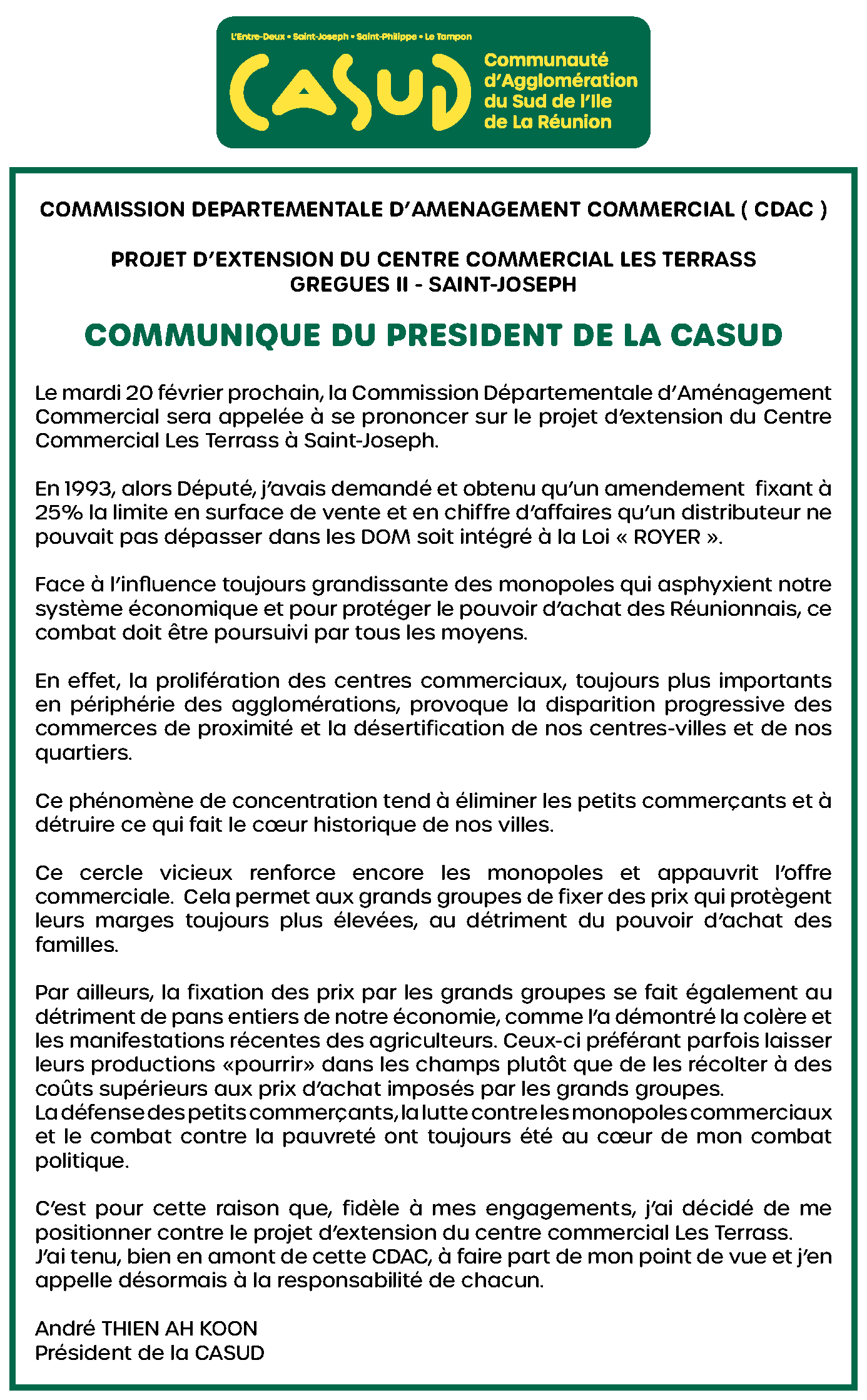 Communiqu Du Pr Sident De La Casud Relatif Au Projet Dextension Du Centre Commercial Les